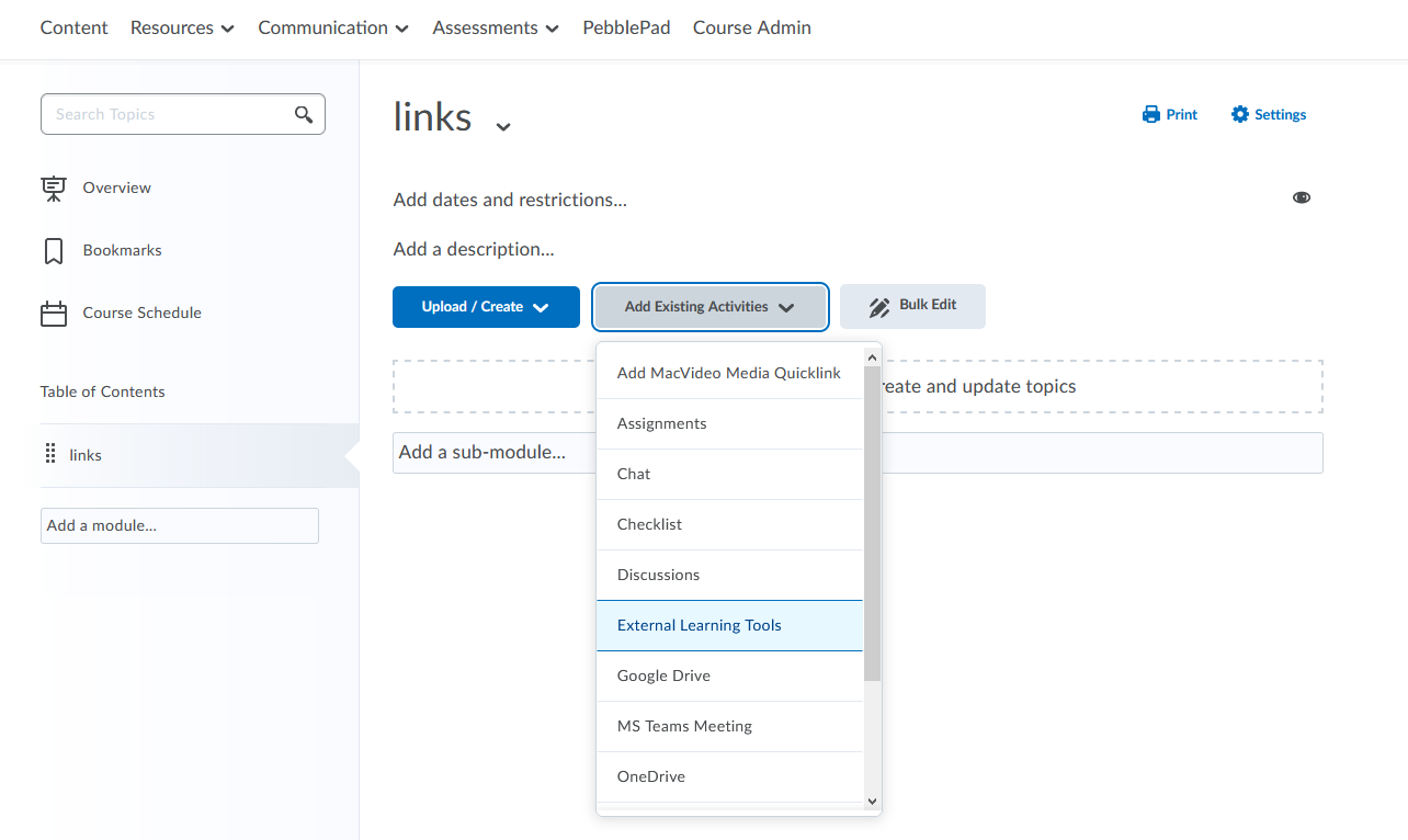 selecting External Learning Tools