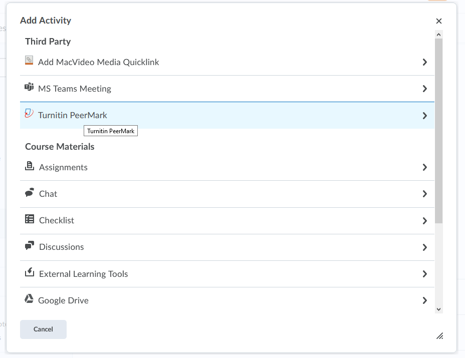 Turnitin PeerMark selection