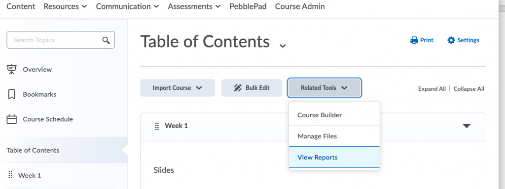Selecting view reports from table of contents