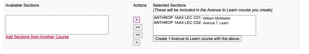 Selecting the sections you want for your course shell