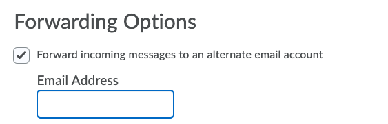 Forwarding options, checkmark selecting "Forward incoming messages to an alternate email account" and an email address field