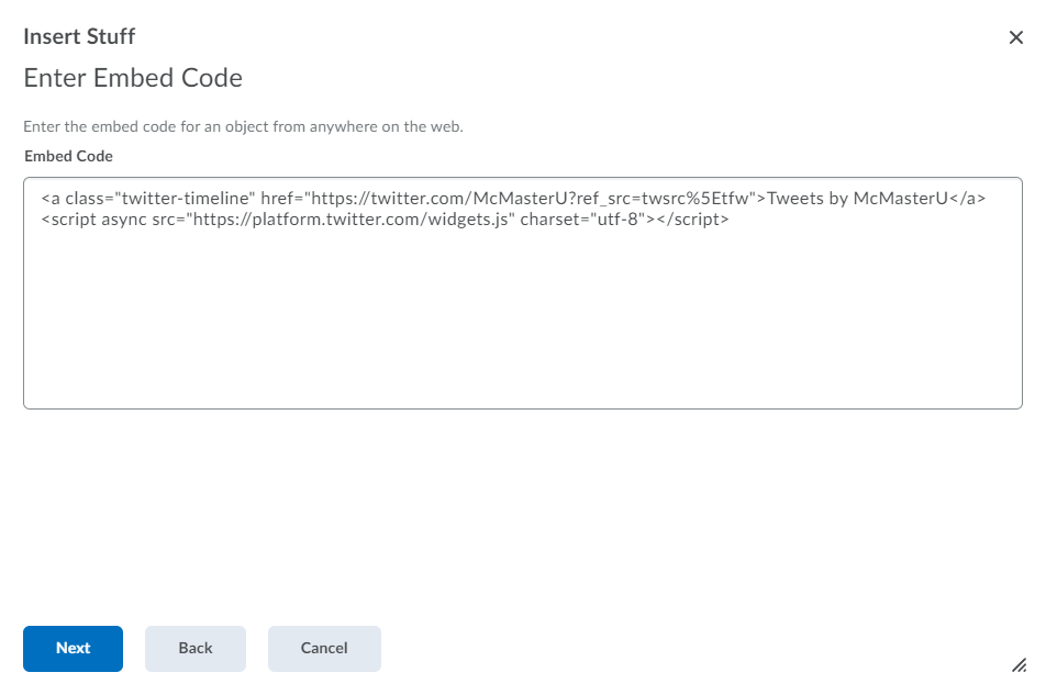 paste the Twitter embed code in the textbox
