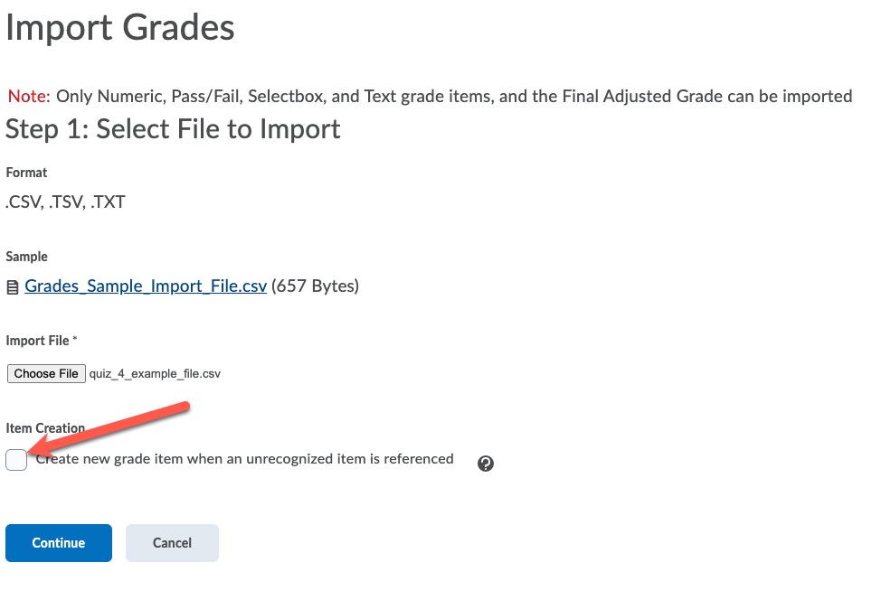 Deselect the checkbox for ‘Create new grade item when an unrecognized item is referenced’