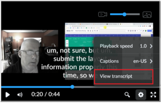 Media Player with the View transcript option highlighted