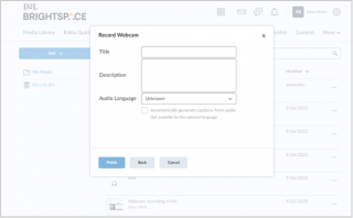 Figure: Record Webcam dialog box with the Title and Description fields, as well as auto-captioning options in Media Library.