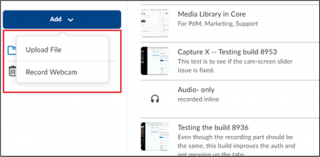 Figure: Use the Add button of the Media Library to upload media files and record webcams