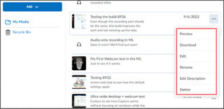 Figure: Use the Context Menu of the Media Library to preview, edit, update the title and description, or delete the media content object
