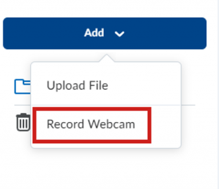 Figure: The Add drop-down menu in Media Library, with the Record Webcam option selected.