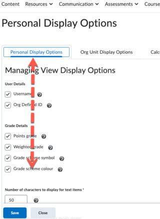 personal display options checkbox for grade scheme colour