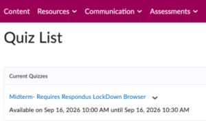The quiz list for an Avenue course. The only quiz listed is called Midterm Requires Respondus LockDown Browser.